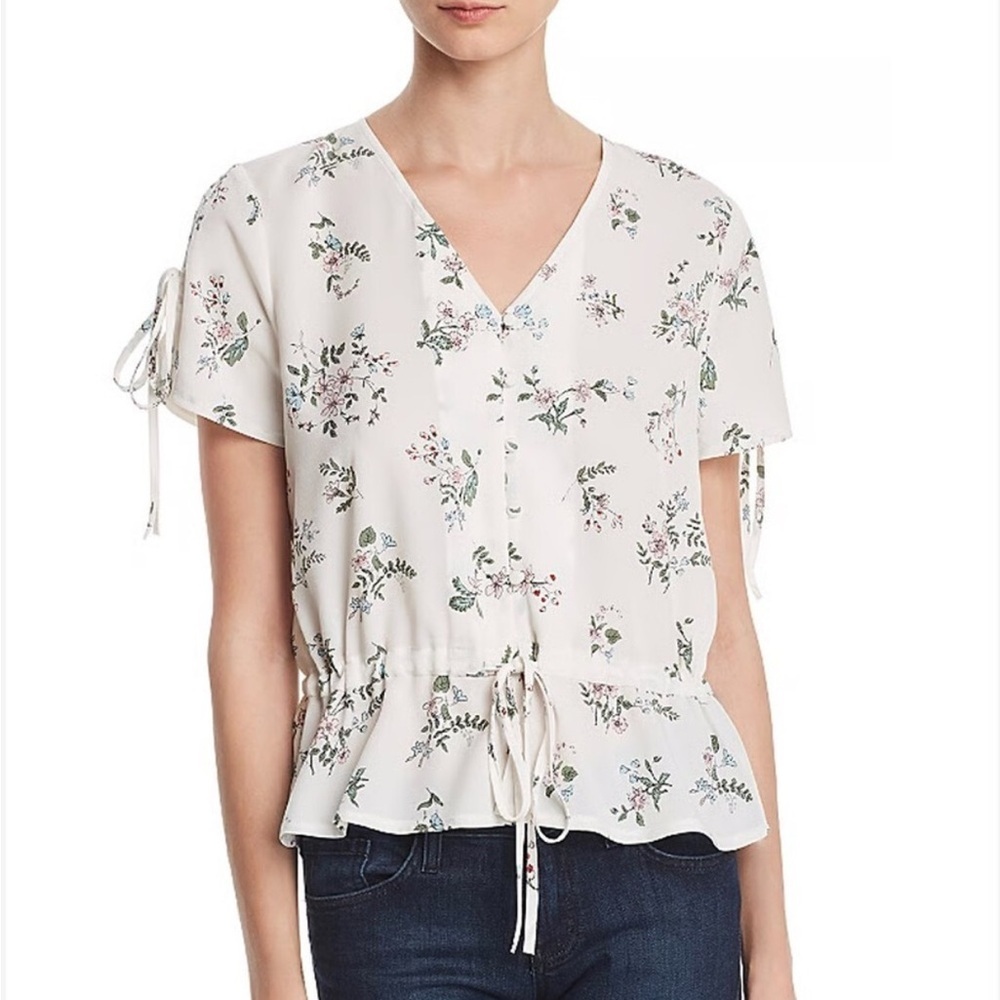 Aqua V-Neck Button Front Tie Sleeve Top Small White Floral Print Feminine